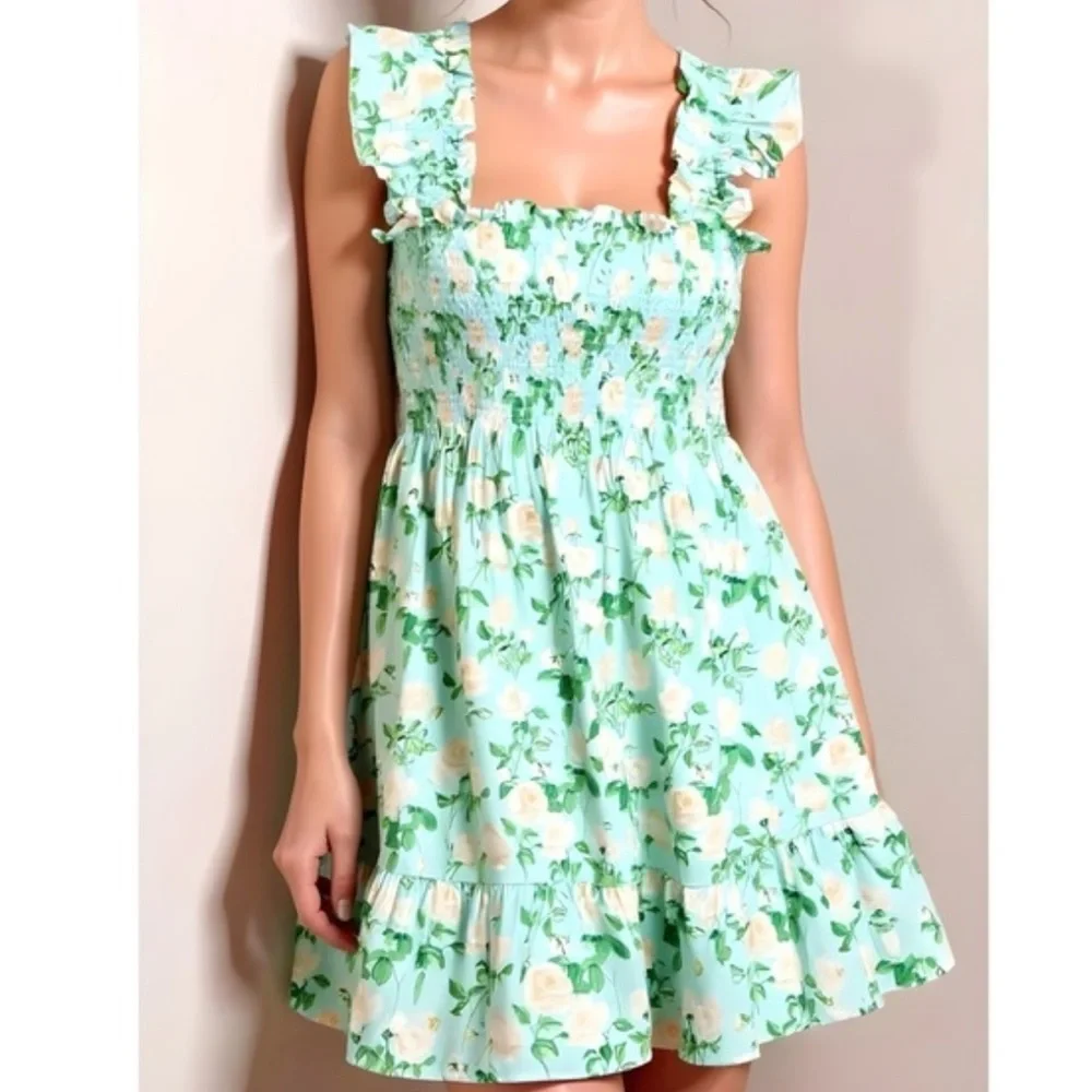 Hill House Elizabeth Mini Nap Dress in Blue Roses Cotton XS - Picture 2 of 6